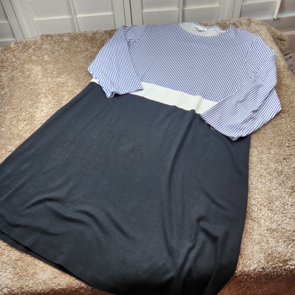 J. Jill Womens XL Blue White Striped Colorblock A-Line Knit Dress 3/4 Sleeve